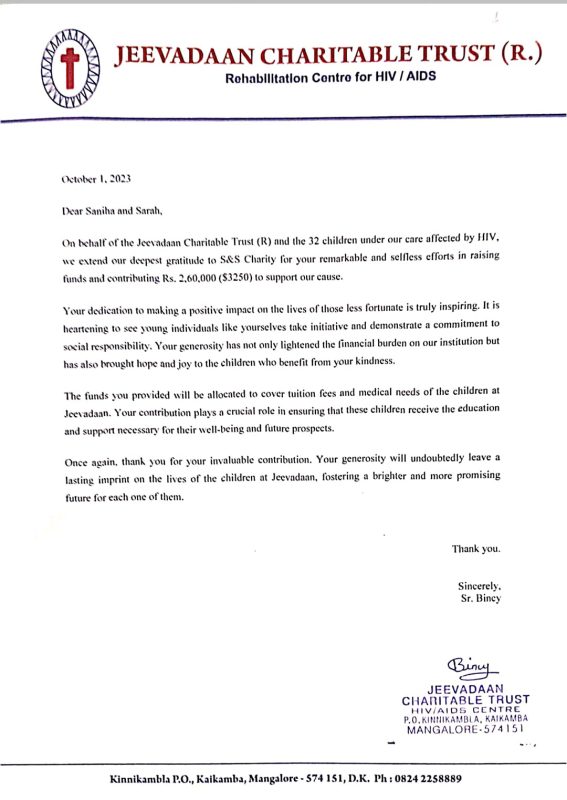 Jeevadan acknowledgement letter for support from S&S Charity